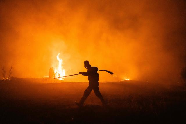 A firefighter battles a wildfire in Deliblatska Pescara (Deliblato Sands), near the village of Dubovac, some 70 kilometres northeast of Belgrade, Serbia, on August 9, 2026. Firefighters were battling wildfires across the Balkans as days of high temperatures and drought conditions continue to drive blazes in several countries, including Serbia. (Photo by Uros Arsic / AFP)