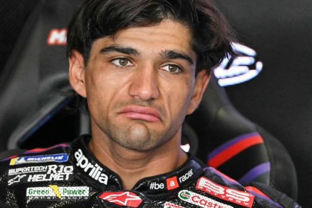 Aprilia Racing's Spanish rider Jorge Martin is pictured in the garage ahead of the MotoGP British Grand Prix at Silverstone circuit, central England on August 9, 2026. (Photo by Glyn KIRK / AFP)