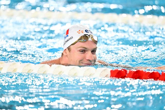 French swimmer Leon Marchand looks on during a training session as part of the LEN European Aquatics Championships at the Olympic Aquatics Centre in Saint-Denis, northeastern suburbs of Paris on August 9, 2026. (Photo by SEBASTIEN BOZON / AFP)