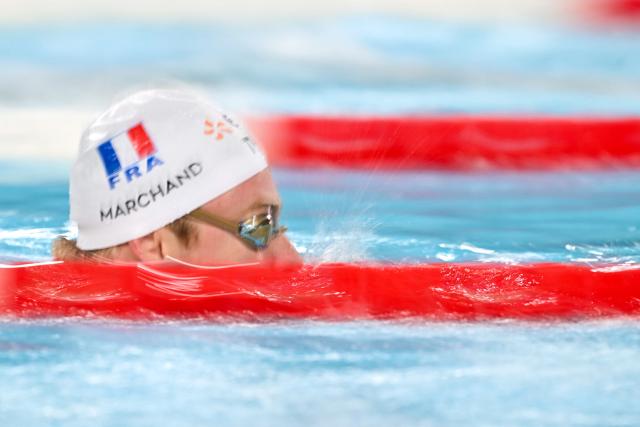 French swimmer Leon Marchand swims during a training session as part of the LEN European Aquatics Championships at the Olympic Aquatics Centre in Saint-Denis, northeastern suburbs of Paris on August 9, 2026. (Photo by SEBASTIEN BOZON / AFP)