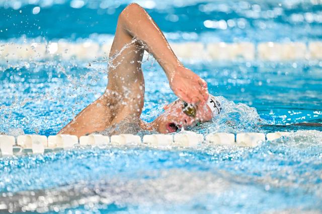 French swimmer Leon Marchand swims during a training session as part of the LEN European Aquatics Championships at the Olympic Aquatics Centre in Saint-Denis, northeastern suburbs of Paris on August 9, 2026. (Photo by SEBASTIEN BOZON / AFP)