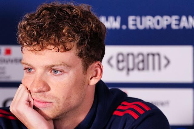 French swimmer Leon Marchand attends a press conference as part of the LEN European Aquatics Championships at the Olympic Aquatics Centre in Saint-Denis, northeastern suburbs of Paris on August 9, 2026. (Photo by Dimitar DILKOFF / AFP)
