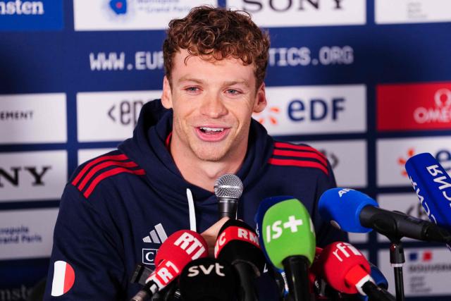 French swimmer Leon Marchand speaks during a press conference as part of the LEN European Aquatics Championships at the Olympic Aquatics Centre in Saint-Denis, northeastern suburbs of Paris on August 9, 2026. (Photo by Dimitar DILKOFF / AFP)