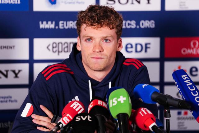 French swimmer Leon Marchand attends a press conference as part of the LEN European Aquatics Championships at the Olympic Aquatics Centre in Saint-Denis, northeastern suburbs of Paris on August 9, 2026. (Photo by Dimitar DILKOFF / AFP)