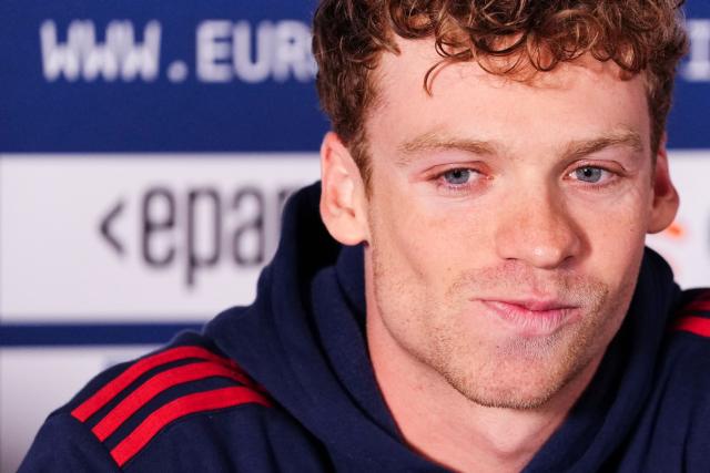 French swimmer Leon Marchand attends a press conference as part of the LEN European Aquatics Championships at the Olympic Aquatics Centre in Saint-Denis, northeastern suburbs of Paris on August 9, 2026. (Photo by Dimitar DILKOFF / AFP)