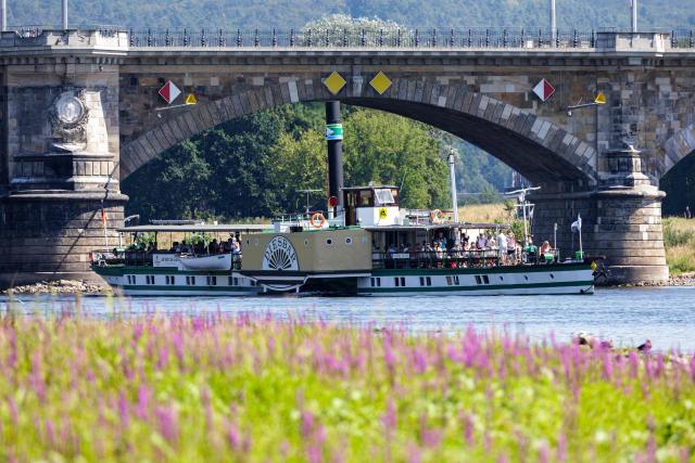 A passengers ship is seen by the bridge on Elbe in Dresden, eastern Germany, on August 9, 2026, with hot and dry weather conditions keeping very low the water level of the river. (Photo by Jens SCHLÜTER / AFP)