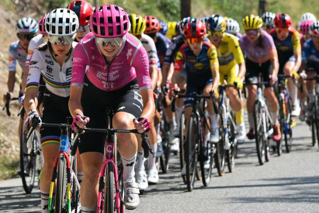 The pack rides in the Col d'Eze during the 9th and final stage of the fifth edition of the Women's Tour de France cycling race, 99.2 km from Nice to Nice, southeastern France on August 9, 2026. (Photo by NICOLAS TUCAT / AFP)