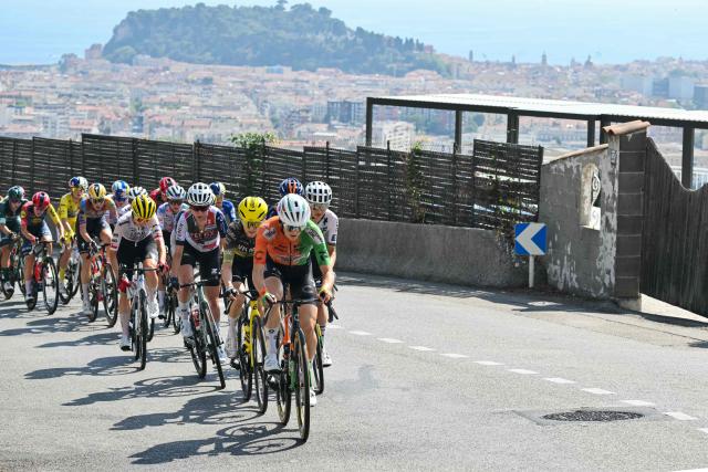 The pack rides in the Col d'Eze during the 9th and final stage of the fifth edition of the Women's Tour de France cycling race, 99.2 km from Nice to Nice, southeastern France on August 9, 2026. (Photo by NICOLAS TUCAT / AFP)