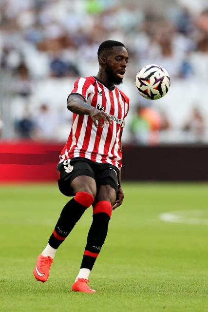 Athletic Bilbao's Ghanaian forward #09 Inaki Williams eyes the ball during the pre-season friendly football match between Olympique de Marseille (OM) and Athletic Bilbao at Stade Velodrome in Marseille, southern France on August 9, 2026. (Photo by Thibaud MORITZ / AFP)