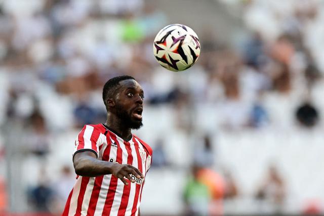 Athletic Bilbao's Ghanaian forward #09 Inaki Williams eyes the ball during the pre-season friendly football match between Olympique de Marseille (OM) and Athletic Bilbao at Stade Velodrome in Marseille, southern France on August 9, 2026. (Photo by Thibaud MORITZ / AFP)
