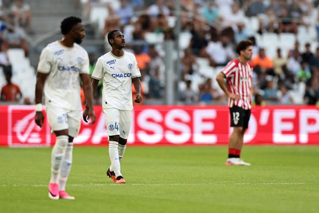 Marseille's French forward #43 Tajidine Mmadi (C) celebrates scoring his team's third goal during the pre-season friendly football match between Olympique de Marseille (OM) and Athletic Bilbao at Stade Velodrome in Marseille, southern France on August 9, 2026. (Photo by Thibaud MORITZ / AFP)