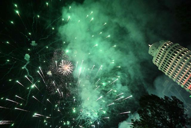 Fireworks explode over Islamabad as part of celebrations to mark the signing of a trilateral defence agreement between Saudi Arabia, Pakistan and Turkey in Islamabad on August 9, 2026. Pakistan, Turkey and Saudi Arabia signed a defence pact that would mean an attack on any member is regarded as an attack on all, Islamabad said on August 7. (Photo by Aamir QURESHI / AFP)