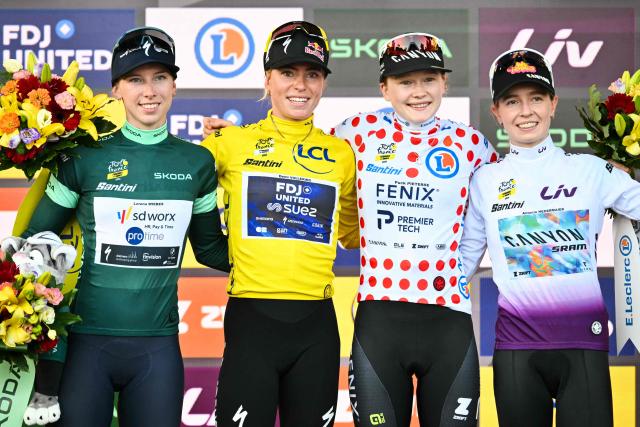 (FROM L) Team SD Worx-Protime's Dutch rider Lorena Wiebes - wearing the best sprinter's green jersey, FDJ-SUEZ's Dutch rider Demi Vollering - wearing the overall leader's yellow jersey, Fenix-Deceuninck's Dutch rider Puck Pieterse - wearing the best climber's polka dot (dotted) jersey  and Canyon//SRAM zondacrypto's German rider Antonia Niedermaier - wearing the best young rider's white jersey celebrate on the podium at the end of the 9th and final stage of the fifth edition of the Women's Tour de France cycling race, 99.2 km from Nice to Nice, southeastern France on August 9, 2026. (Photo by NICOLAS TUCAT / AFP)