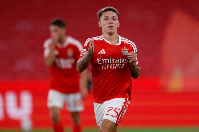 Benfica's Argentine forward #25 Gianluca Prestianni celebrates scoring his team's second goal during the Portuguese League football match between SL Benfica and Academico de Viseu FC at Estadio da Luz in Lisbon on August 9, 2026. (Photo by FILIPE AMORIM / AFP)