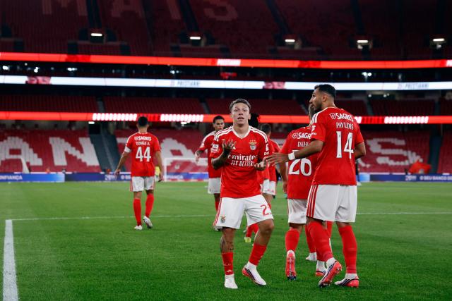 Benfica's Argentine forward #25 Gianluca Prestianni celebrates scoring his team's second goal during the Portuguese League football match between SL Benfica and Academico de Viseu FC at Estadio da Luz in Lisbon on August 9, 2026. (Photo by FILIPE AMORIM / AFP)
