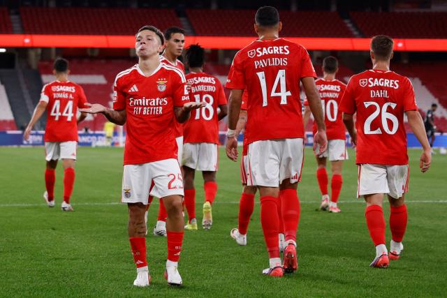 Benfica's Argentine forward #25 Gianluca Prestianni celebrates scoring his team's second goal during the Portuguese League football match between SL Benfica and Academico de Viseu FC at Estadio da Luz in Lisbon on August 9, 2026. (Photo by FILIPE AMORIM / AFP)
