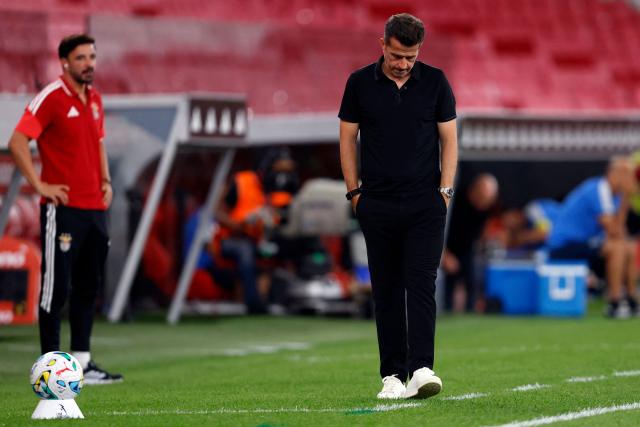 Benfica's Portuguese coach Marco Silva looks downwards during the Portuguese League football match between SL Benfica and Academico de Viseu FC at Estadio da Luz in Lisbon on August 9, 2026. (Photo by FILIPE AMORIM / AFP)