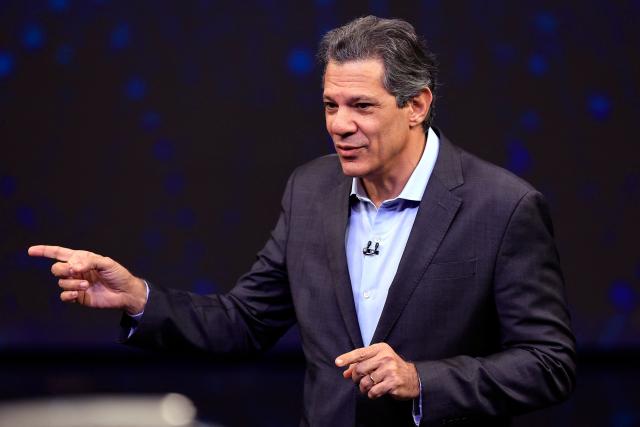 Former Brazilian Finance Minister and gubernatorial candidate Fernando Haddad speaks during a televised debate ahead of the 2026 Sao Paulo state elections at Band TV studios in Sao Paulo, Brazil, on August 9, 2026 (Photo by Miguel SCHINCARIOL / AFP)