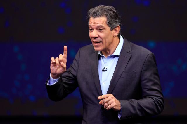 Former Brazilian Finance Minister and gubernatorial candidate Fernando Haddad speaks during a televised debate ahead of the 2026 Sao Paulo state elections at Band TV studios in Sao Paulo, Brazil, on August 9, 2026 (Photo by Miguel SCHINCARIOL / AFP)