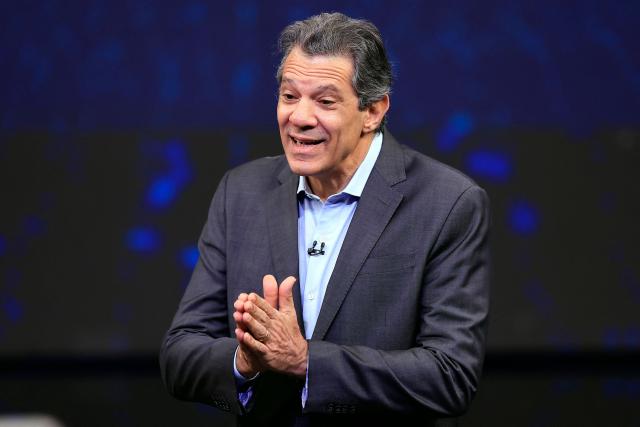 Former Brazilian Finance Minister and gubernatorial candidate Fernando Haddad speaks during a televised debate ahead of the 2026 Sao Paulo state elections at Band TV studios in Sao Paulo, Brazil, on August 9, 2026 (Photo by Miguel SCHINCARIOL / AFP)