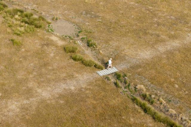 (FILES) An aerial photograph shows a person walking over a dried up stream beside sun scorched grass at Richmond Park, south west London on August 4, 2026. Climate change has intensified a drought across Europe this summer, with extreme heat driving the exceptionally dry conditions, according to experts. (Photo by Brook Mitchell / AFP)
