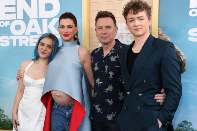 (L-R) Canadian actress Maisy Stella, US actress Anne Hathaway, Scottish actor Ewan McGregor and US-Canadian actor Christian Convery attend the world premiere of "The End of Oak Street" at the Steven J. Ross Theater in Burbank, California, on August 9, 2026. (Photo by VALERIE MACON / AFP)