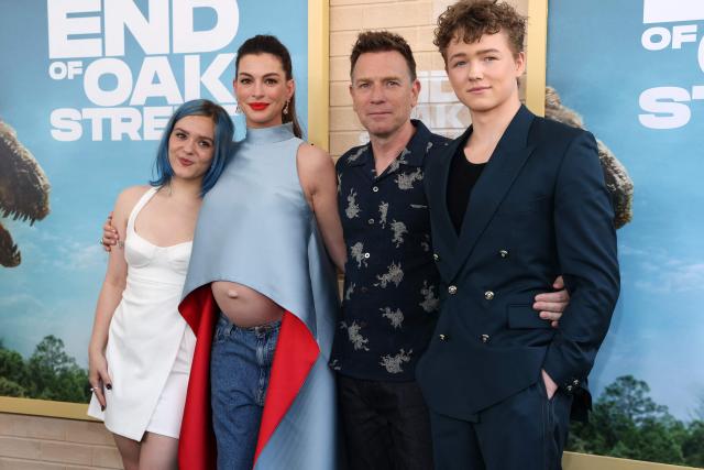 (L-R) Canadian actress Maisy Stella, US actress Anne Hathaway, Scottish actor Ewan McGregor and US-Canadian actor Christian Convery attend the world premiere of "The End of Oak Street" at the Steven J. Ross Theater in Burbank, California, on August 9, 2026. (Photo by VALERIE MACON / AFP)
