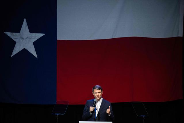 Democratic candidate for US Senate James Talarico speaks during a campaign rally as part of his "New American Dream Tour" in Pasadena, Texas, on August 9, 2026. Talarico, a 37-year-old former Presbyterian seminarian and middle school teacher, is aiming to become the first Texas Democrat to win a Senate seat in three decades. Polls show his insurgent campaign against the state's top prosecutor, Republican Ken Paxton, has a real chance in November's midterm election. (Photo by RONALDO SCHEMIDT / AFP)