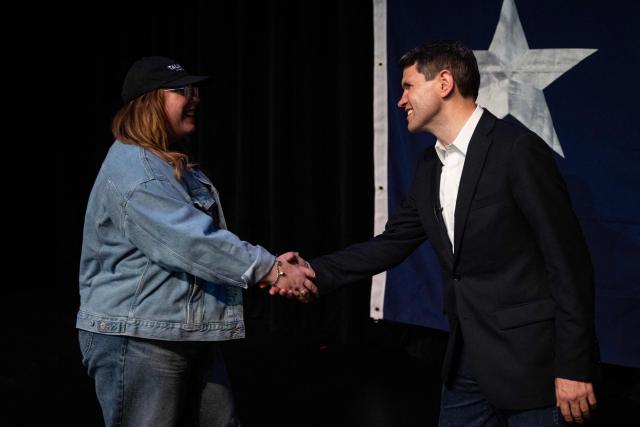 Democratic candidate for US Senate James Talarico speaks with supporters after a "New American Dream Tour" campaign rally in Pasadena, Texas, on August 9, 2026. Talarico, a 37-year-old former Presbyterian seminarian and middle school teacher, is aiming to become the first Texas Democrat to win a Senate seat in three decades. Polls show his insurgent campaign against the state's top prosecutor, Republican Ken Paxton, has a real chance in November's midterm election. (Photo by RONALDO SCHEMIDT / AFP)