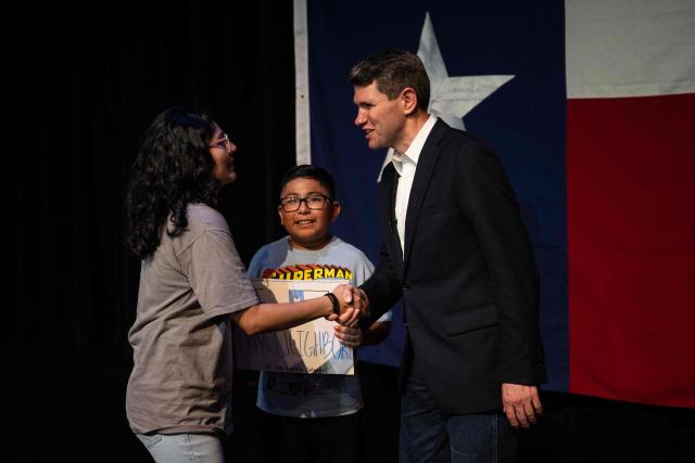 Democratic candidate for US Senate James Talarico speaks with supporters after a "New American Dream Tour" campaign rally in Pasadena, Texas, on August 9, 2026. Talarico, a 37-year-old former Presbyterian seminarian and middle school teacher, is aiming to become the first Texas Democrat to win a Senate seat in three decades. Polls show his insurgent campaign against the state's top prosecutor, Republican Ken Paxton, has a real chance in November's midterm election. (Photo by RONALDO SCHEMIDT / AFP)