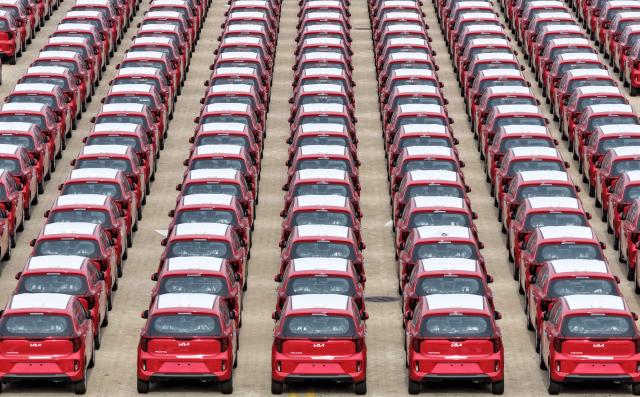 South Korean-made Kia Picanto cars are seen awaiting shipment at a vehicle storage yard in Yantai, in eastern China's Shandong province, on August 10, 2026. (Photo by CN-STR / AFP) / China OUT