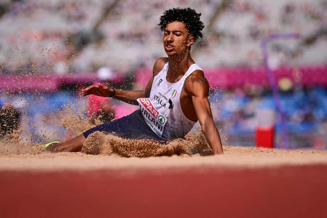 Italy's Mattia Furlani competes in the men's long jump qualifier during the European Athletics Championships at Alexander Stadium in Birmingham on August 10, 2026. (Photo by Ben STANSALL / AFP)