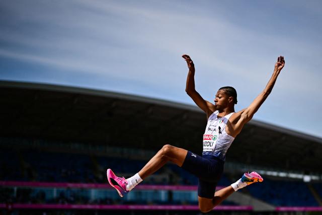 Italy's Francesco Ettore Inzoli competes in the men's long jump qualifier during the European Athletics Championships at Alexander Stadium in Birmingham on August 10, 2026. (Photo by Ben STANSALL / AFP)