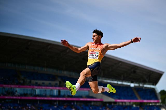 Spain's Jaime Guerra competes in the men's long jump qualifier during the European Athletics Championships at Alexander Stadium in Birmingham on August 10, 2026. (Photo by Ben STANSALL / AFP)