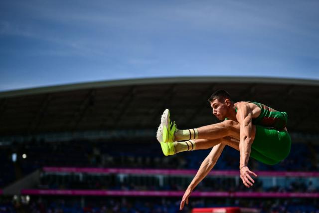 Bulgaria's Bozhidar Saraboyukov competes in the men's long jump qualifier during the European Athletics Championships at Alexander Stadium in Birmingham on August 10, 2026. (Photo by Ben STANSALL / AFP)
