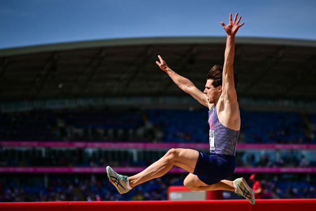 Britain's Archie Yeo competes in the men's long jump qualifier during the European Athletics Championships at Alexander Stadium in Birmingham on August 10, 2026. (Photo by Ben STANSALL / AFP)