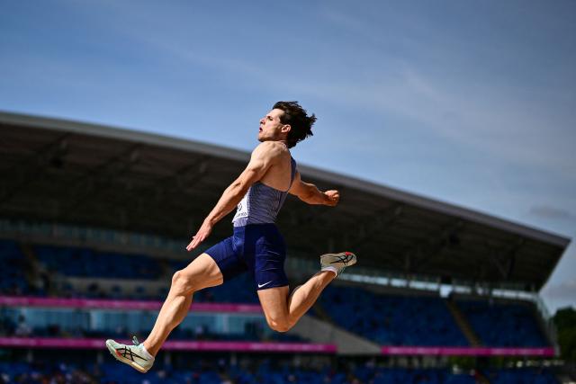 Britain's Archie Yeo competes in the men's long jump qualifier during the European Athletics Championships at Alexander Stadium in Birmingham on August 10, 2026. (Photo by Ben STANSALL / AFP)