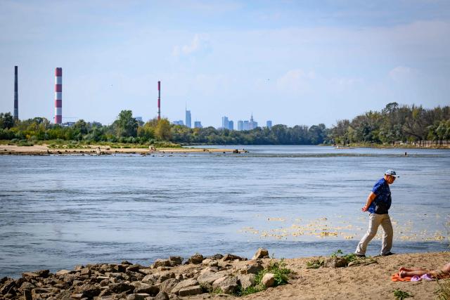 A man walks on the bank of the Vistula river just outside the capital Warsaw on August 10, 2026. The Vistula, Poland's longest river, fell on Monday to match its record low in Warsaw, the national meteorological institute IMGW reported, with Europe sweltering through multiple heatwaves. (Photo by Mladen ANTONOV / AFP)