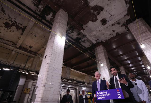 New York City Mayor Zohran Mamdani speaks alongside CEO of the Metropolitan Transportation Authority Janno Lieber during a news conference at the Chambers Street J/Z subway station in New York City on August 10, 2026. Governor Kathy Hochul and New York City Mayor Zohran Mamdani and the Metropolitan Transportation Authority (MTA) announced a partnership to study a Thermal Energy Network (TEN) in the Brooklyn Bridge-City Hall 4/5/6 and Chambers Street J/Z station complex. The project will explore how to combat extreme heat on subway platforms while capturing and recycling excess heat to warm nearby municipal buildings during the winter. (Photo by TIMOTHY A. CLARY / AFP)
