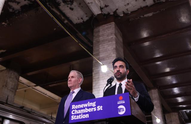 New York City Mayor Zohran Mamdani speaks alongside CEO of the Metropolitan Transportation Authority Janno Lieber during a news conference at the Chambers Street J/Z subway station in New York City on August 10, 2026. Governor Kathy Hochul and New York City Mayor Zohran Mamdani and the Metropolitan Transportation Authority (MTA) announced a partnership to study a Thermal Energy Network (TEN) in the Brooklyn Bridge-City Hall 4/5/6 and Chambers Street J/Z station complex. The project will explore how to combat extreme heat on subway platforms while capturing and recycling excess heat to warm nearby municipal buildings during the winter. (Photo by TIMOTHY A. CLARY / AFP)