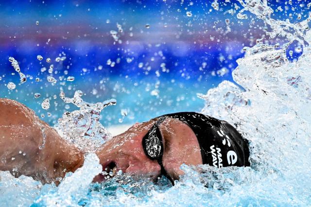 Neutral Athlete B's Ilia Borodin competes in the final of the men's 400m individual medley swimming event during the LEN European Aquatics Championships at the Olympic Aquatic Centre in Saint-Denis, northern suburbs of Paris, on August 10, 2026. (Photo by JULIEN DE ROSA / AFP)