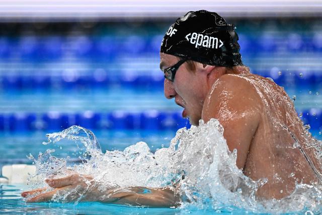 Neutral Athlete B's Ilia Borodin competes in the final of the men's 400m individual medley swimming event during the LEN European Aquatics Championships at the Olympic Aquatic Centre in Saint-Denis, northern suburbs of Paris, on August 10, 2026. (Photo by JULIEN DE ROSA / AFP)