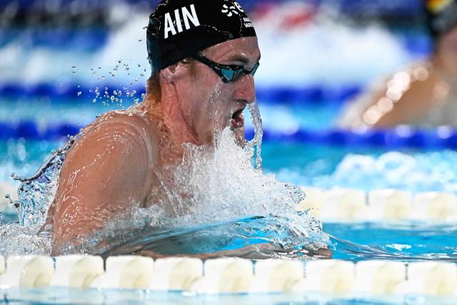 Neutral Athlete B's Ilia Borodin competes in the final of the men's 400m individual medley swimming event during the LEN European Aquatics Championships at the Olympic Aquatic Centre in Saint-Denis, northern suburbs of Paris, on August 10, 2026. (Photo by JULIEN DE ROSA / AFP)