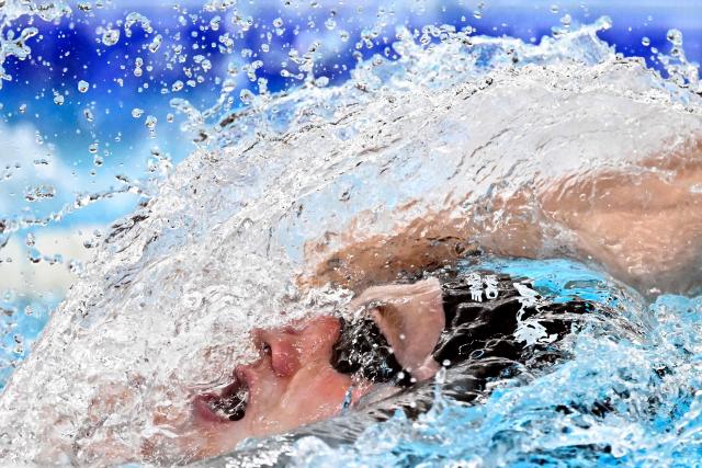 Neutral Athlete B's Ilia Borodin competes in the final of the men's 400m individual medley swimming event during the LEN European Aquatics Championships at the Olympic Aquatic Centre in Saint-Denis, northern suburbs of Paris, on August 10, 2026. (Photo by JULIEN DE ROSA / AFP)