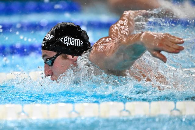 Neutral Athlete B's Ilia Borodin competes in the final of the men's 400m individual medley swimming event during the LEN European Aquatics Championships at the Olympic Aquatic Centre in Saint-Denis, northern suburbs of Paris, on August 10, 2026. (Photo by JULIEN DE ROSA / AFP)