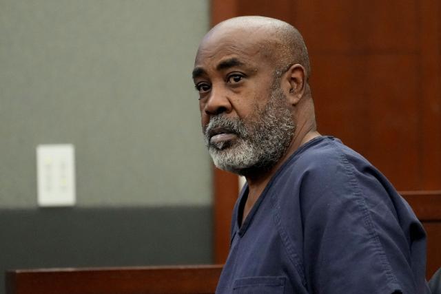 (FILES) Duane Davis, 60, appears in a Las Vegas court on October 19, 2023 for his arraignment on murder charges in the death of rapper Tupac Shakur. The former gang leader goes on trial on August 10, 2026 in Las Vegas over the decades-old murder of rapper Tupac Shakur, one of America's most high-profile unresolved murders. The proceedings, expected to last a month, will likely not make clear who fired the shots that killed the hip-hop legend on the night of September 7, 1996 while he was in Sin City to see a Mike Tyson boxing match. (Photo by John Locher / POOL / AFP)