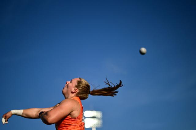 Netherlands' Jessica Schilder competes in the women's shot put final during the European Athletics Championships at Alexander Stadium in Birmingham on August 10, 2026. (Photo by Ben STANSALL / AFP)