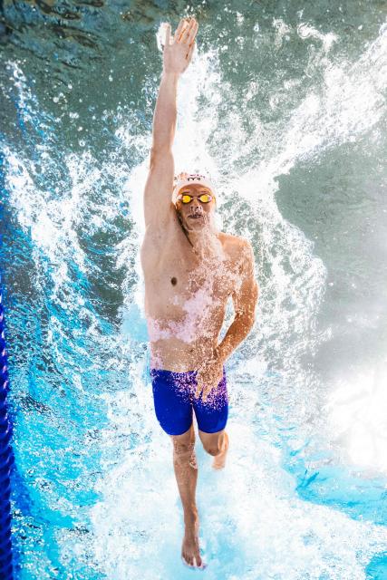 France's swimmer Leon Marchand competes in the men's 4x200m freestyle relay swimming final during the LEN European Aquatics Championships at the Olympic Aquatic Centre in Saint-Denis, northern suburbs of Paris, on August 10, 2026. (Photo by Sébastien BOZON / AFP)