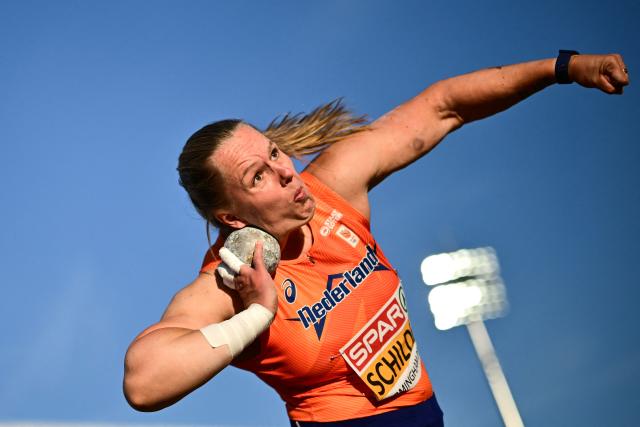 Netherlands' Jessica Schilder competes in the women's shot put final during the European Athletics Championships at Alexander Stadium in Birmingham on August 10, 2026. (Photo by Ben STANSALL / AFP)