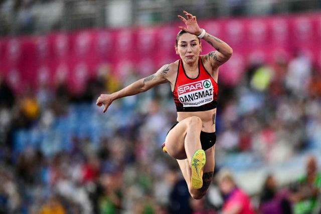 Turkey's Tugba Danismaz competes in the women's triple jump qualifier during the European Athletics Championships at Alexander Stadium in Birmingham on August 10, 2026. (Photo by Ben STANSALL / AFP)